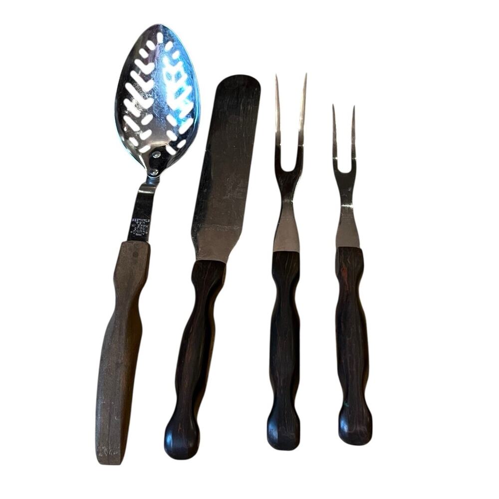 4 VTG Cutco 2 Chef Forks, Slotted Spoon, Spreader Knife Lot Brown